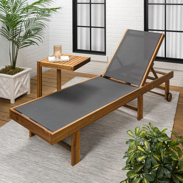 Trabuco Coastal Modern Acacia Wood Mesh 3-Position Outdoor foldable Chaise Lounge Set with Side Table